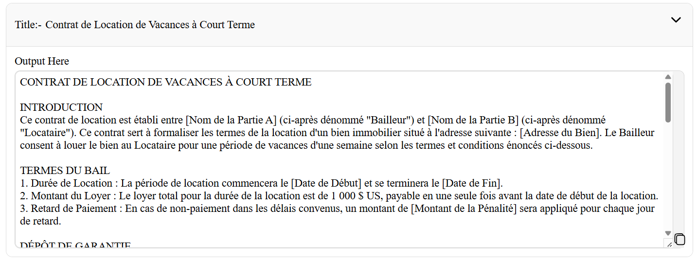 Example French AI Contract Agreement Writer